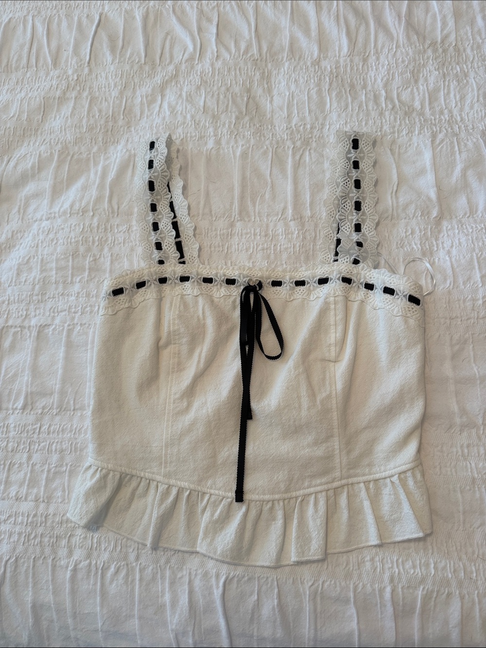 White Lace-Trim Camisole with Black Ribbon Accent